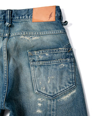 14oz ディープブルー ヘビーセルヴィッチ デニム 1977 レギュラーストレート クラッシュ & リペア + ユーズド加工 - INDIGO