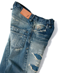 14oz ディープブルー ヘビーセルヴィッチ デニム 1977 レギュラーストレート クラッシュ & リペア + ユーズド加工 - INDIGO