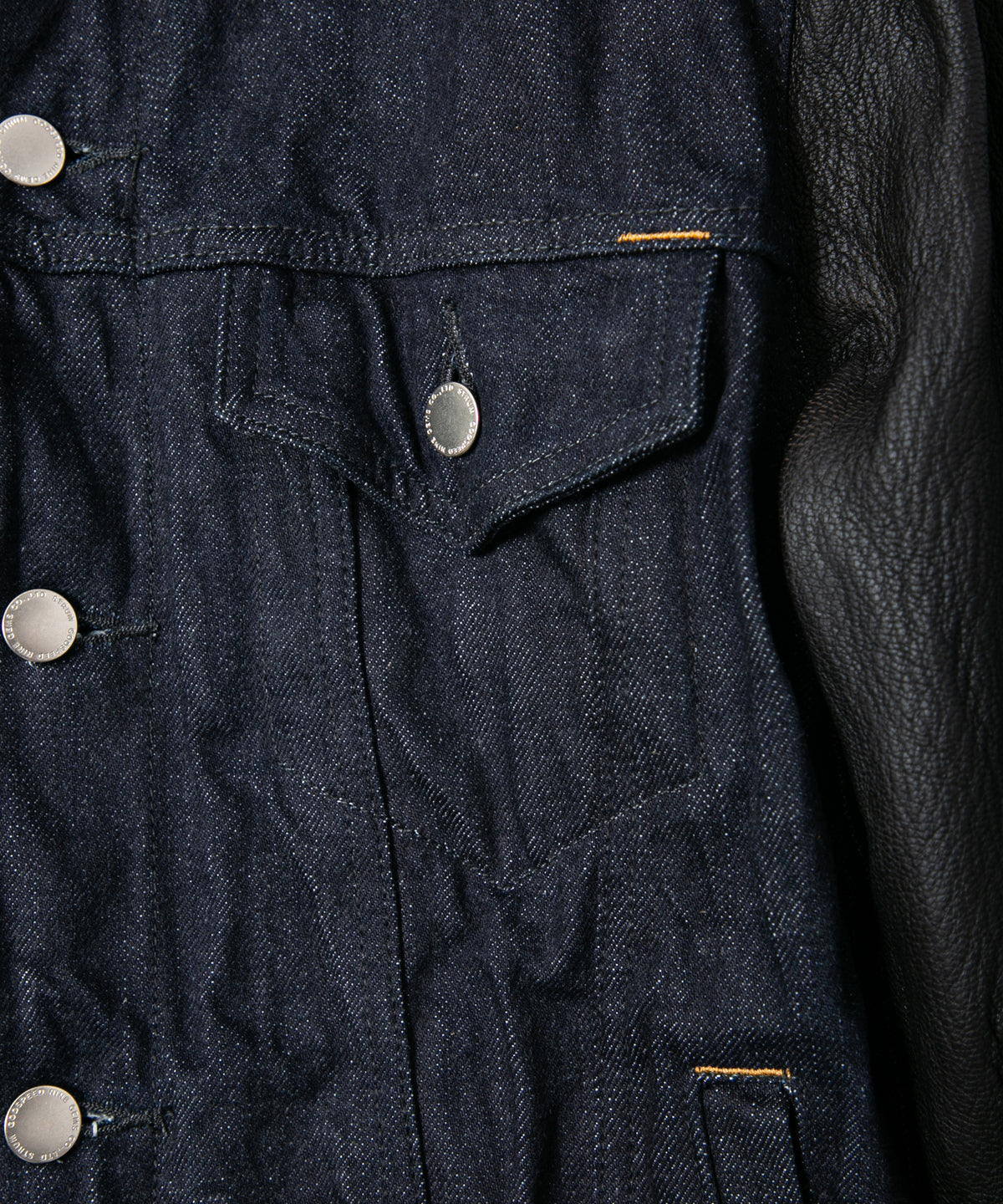 14oz Deep Blue Heavy Selvedge Denim BLITZ Leather Sleeve Jean Jacket - INDIGO