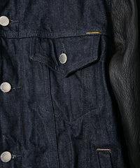 14oz Deep Blue Heavy Selvedge Denim BLITZ Leather Sleeve Jean Jacket - INDIGO