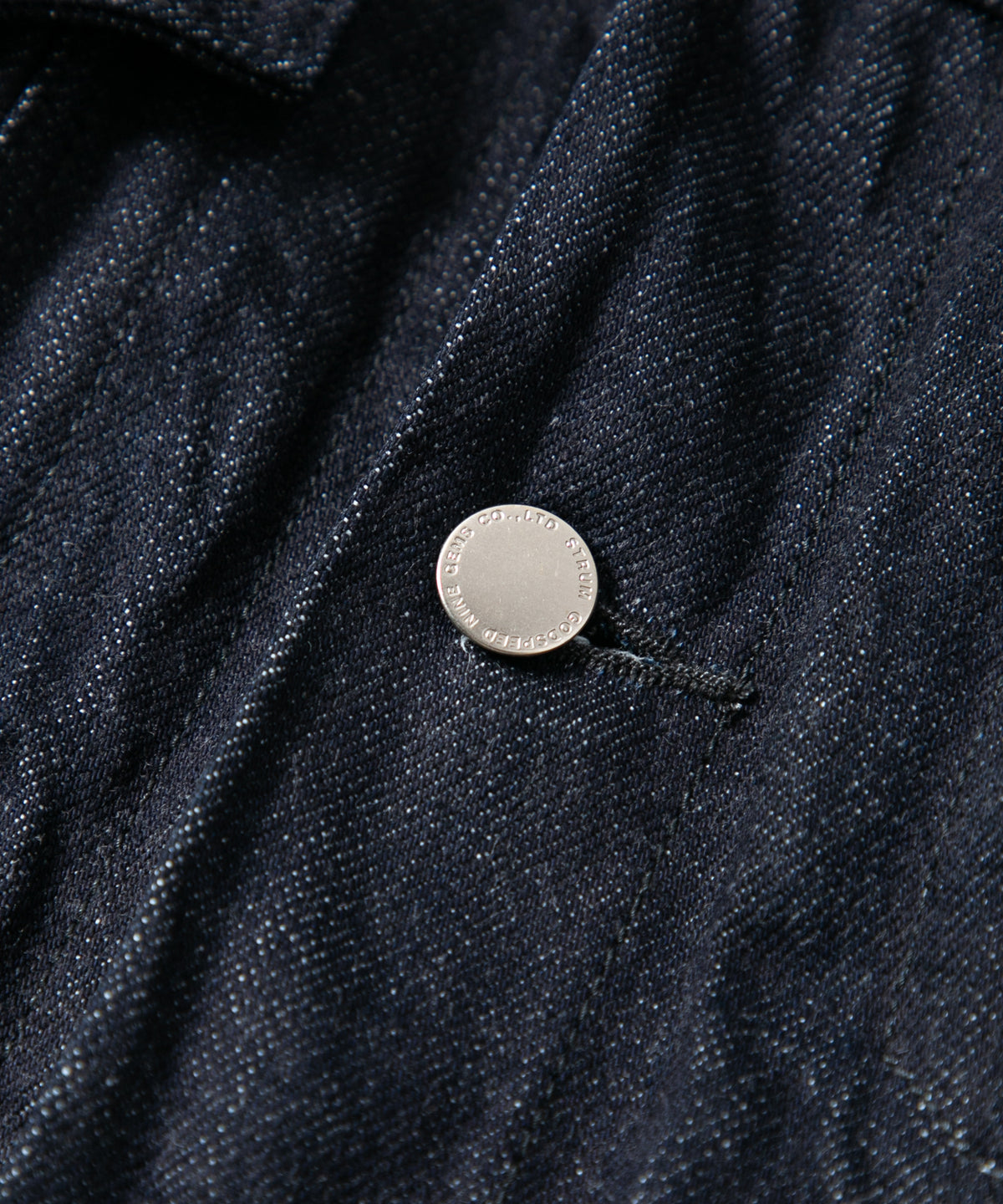 14oz Deep Blue Heavy Selvedge Denim BLITZ Leather Sleeve Jean Jacket - INDIGO