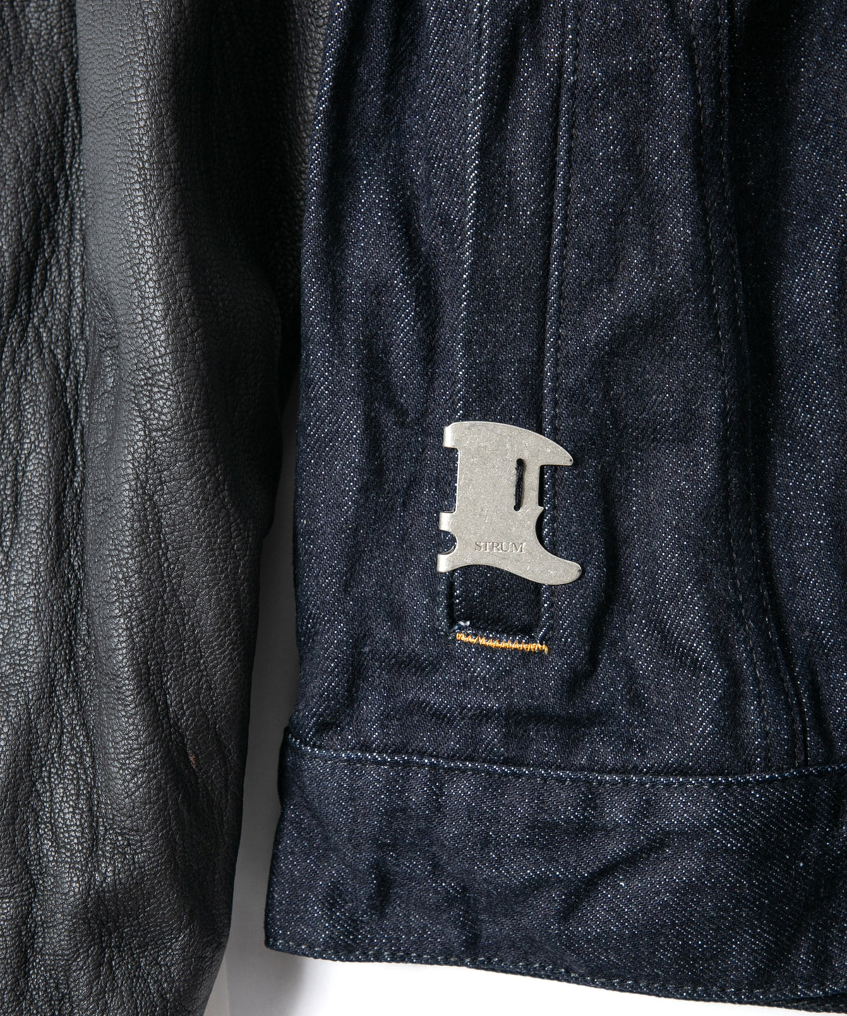 14oz Deep Blue Heavy Selvedge Denim BLITZ Leather Sleeve Jean Jacket - INDIGO