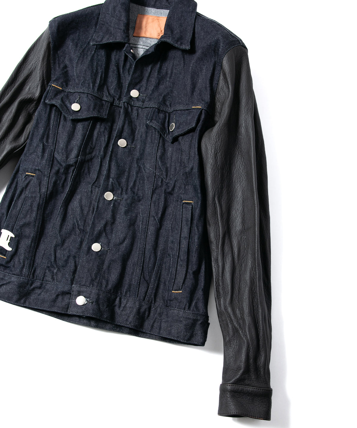 14oz Deep Blue Heavy Selvedge Denim BLITZ Leather Sleeve Jean Jacket - INDIGO