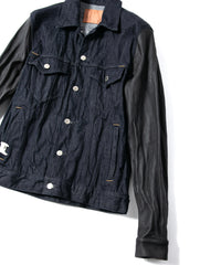 14oz Deep Blue Heavy Selvedge Denim BLITZ Leather Sleeve Jean Jacket - INDIGO