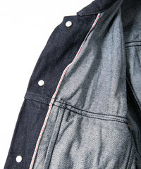 14oz Deep Blue Heavy Selvedge Denim BLITZ Leather Sleeve Jean Jacket - INDIGO