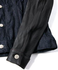 14oz Deep Blue Heavy Selvedge Denim BLITZ Leather Sleeve Jean Jacket - INDIGO