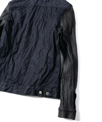 14oz Deep Blue Heavy Selvedge Denim BLITZ Leather Sleeve Jean Jacket - INDIGO
