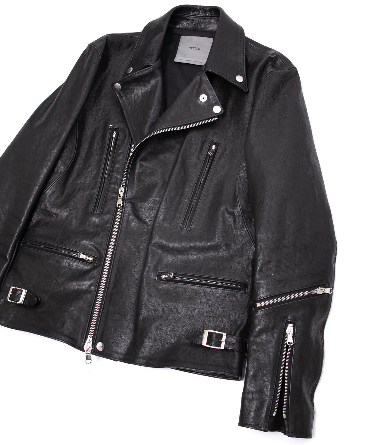 フルタンニン ピット鞣し シュリンク ホースハイド LIST ダブルライダースジャケット - BLACK