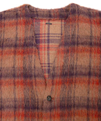 アルパカ混ウール シャギー チェック ミドル カーディガン - BROWN