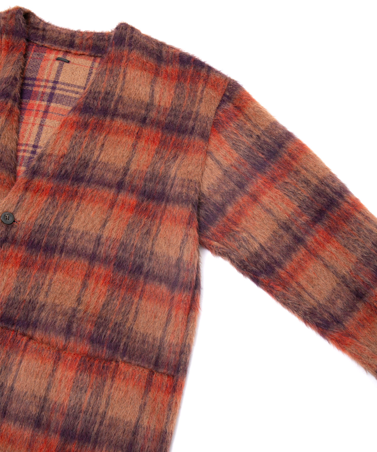 アルパカ混ウール シャギー チェック ミドル カーディガン - BROWN