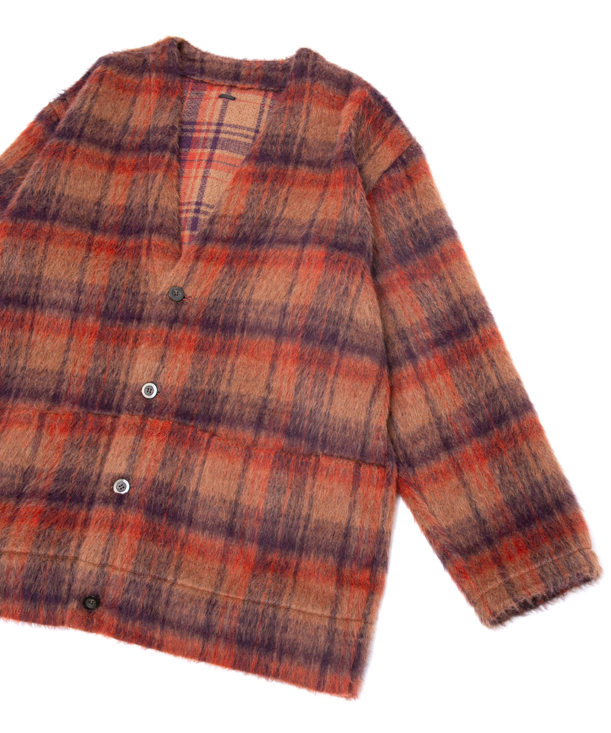 アルパカ混ウール シャギー チェック ミドル カーディガン - BROWN