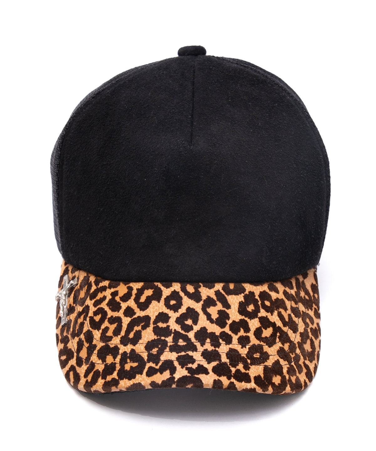 ディア スエード × 豹柄フロッキープリント ピッグ スエード レザーキャップ - BLACK × LEOPARD
