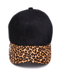ディア スエード × 豹柄フロッキープリント ピッグ スエード レザーキャップ - BLACK × LEOPARD