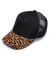 ディア スエード × 豹柄フロッキープリント ピッグ スエード レザーキャップ - BLACK × LEOPARD