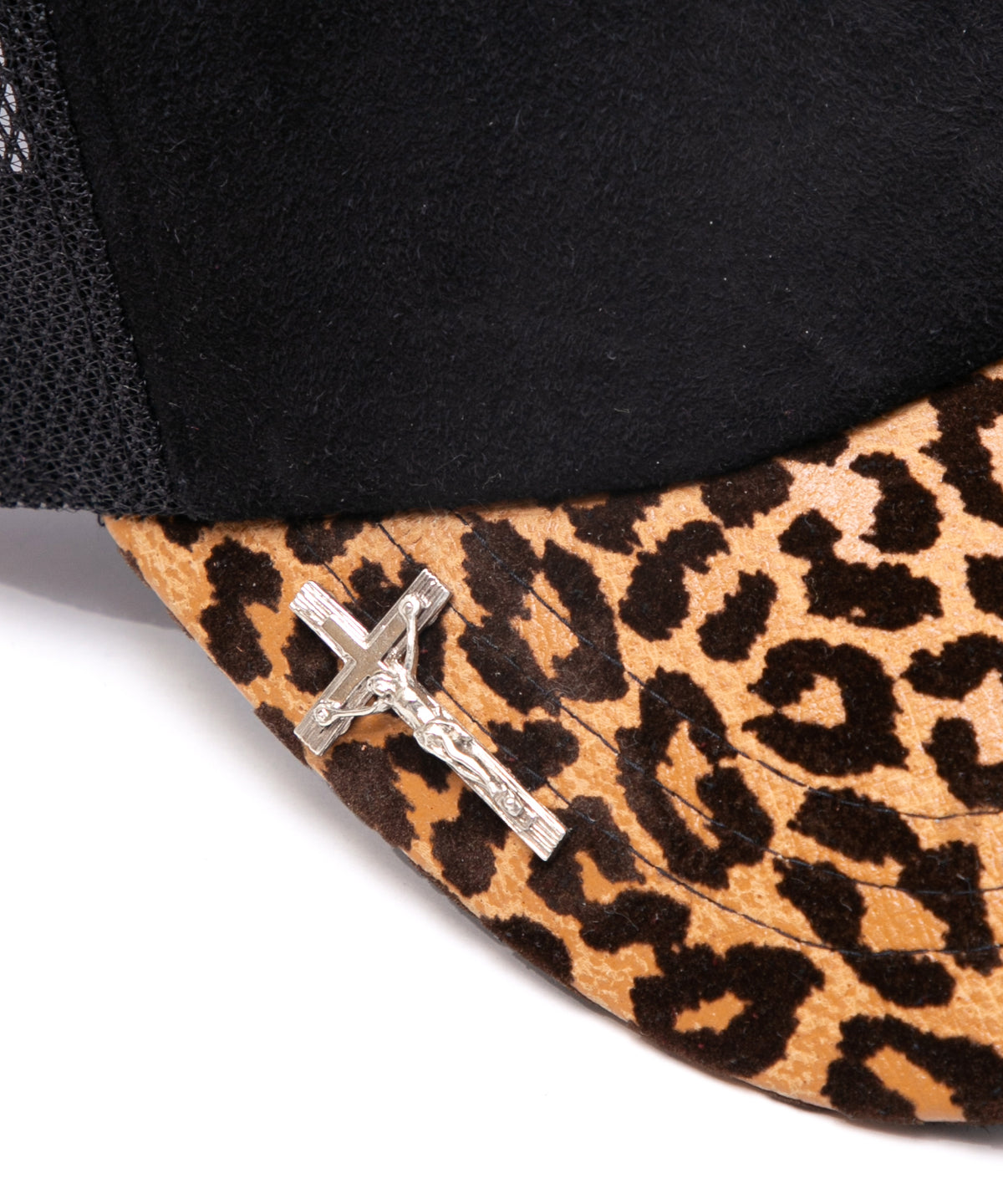 ディア スエード × 豹柄フロッキープリント ピッグ スエード レザーキャップ - BLACK × LEOPARD