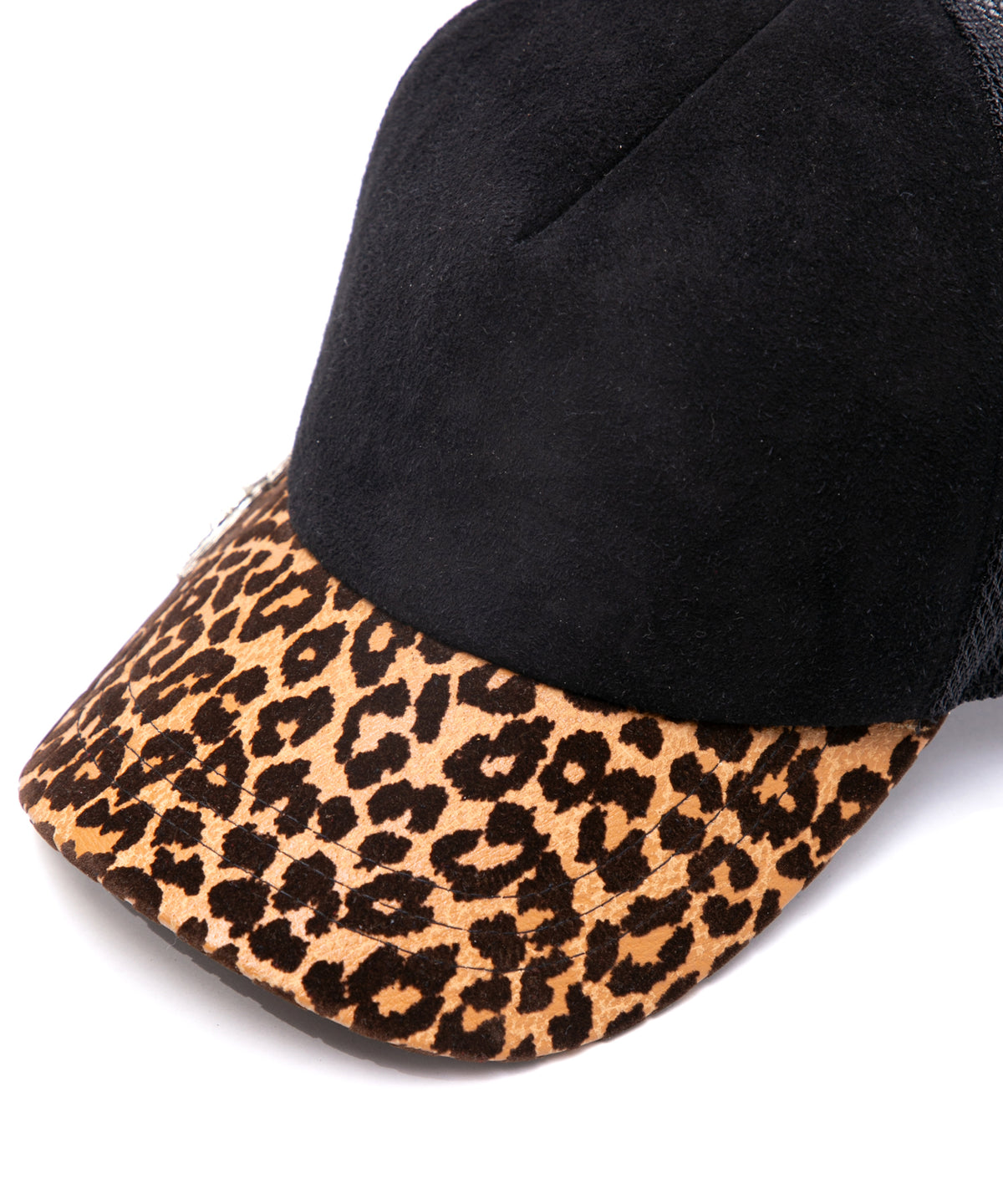 ディア スエード × 豹柄フロッキープリント ピッグ スエード レザーキャップ - BLACK × LEOPARD
