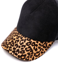 ディア スエード × 豹柄フロッキープリント ピッグ スエード レザーキャップ - BLACK × LEOPARD