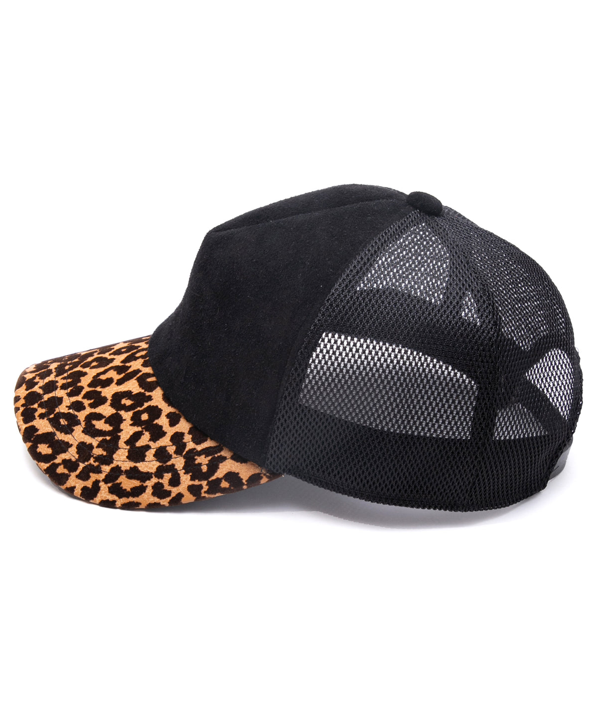 ディア スエード × 豹柄フロッキープリント ピッグ スエード レザーキャップ - BLACK × LEOPARD