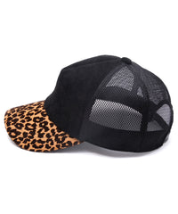 ディア スエード × 豹柄フロッキープリント ピッグ スエード レザーキャップ - BLACK × LEOPARD