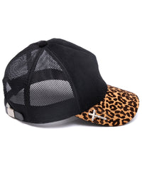 ディア スエード × 豹柄フロッキープリント ピッグ スエード レザーキャップ - BLACK × LEOPARD