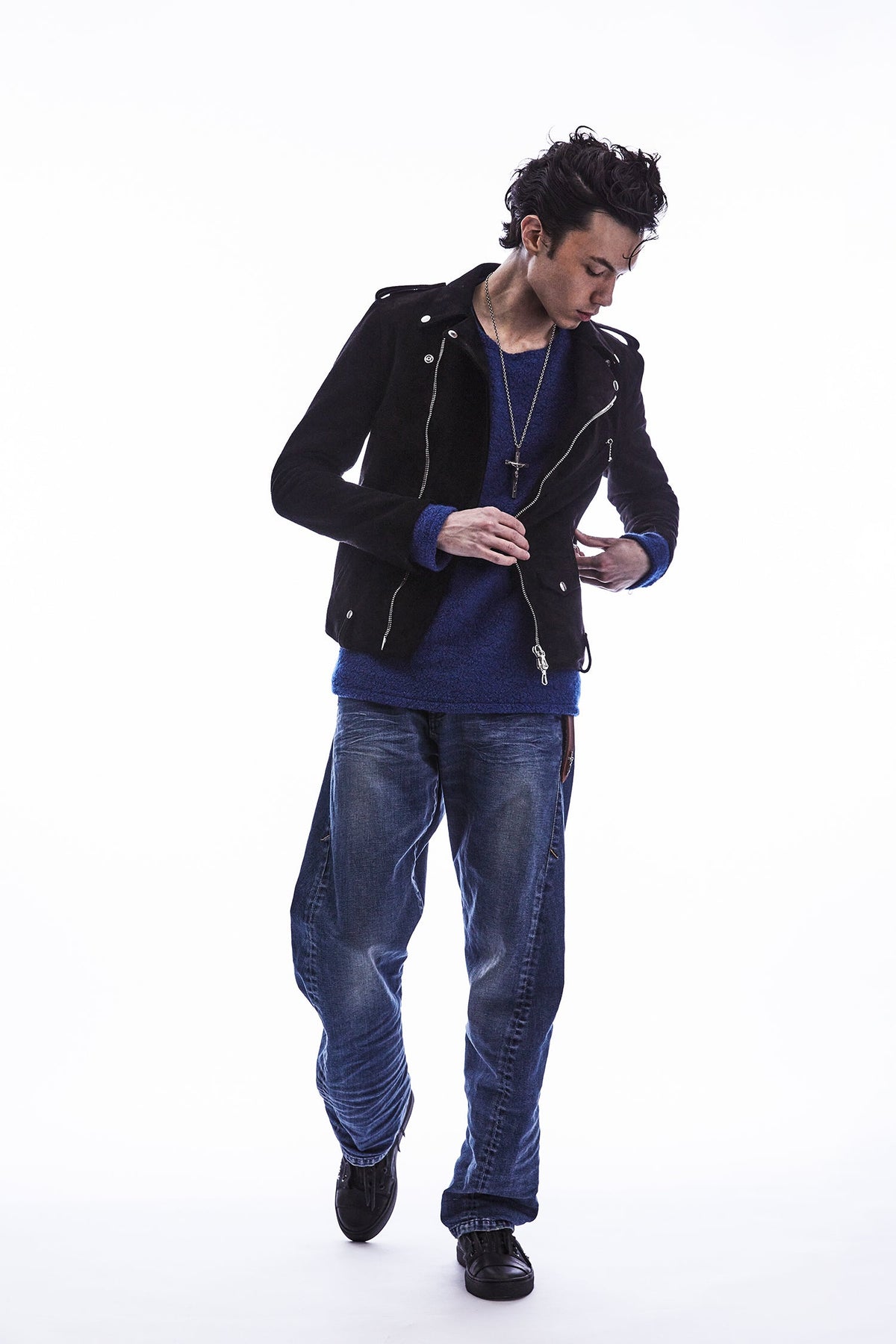 リサイクル ウール テディーフリース クルーネック ロングスリーブ T シャツ - BLUE