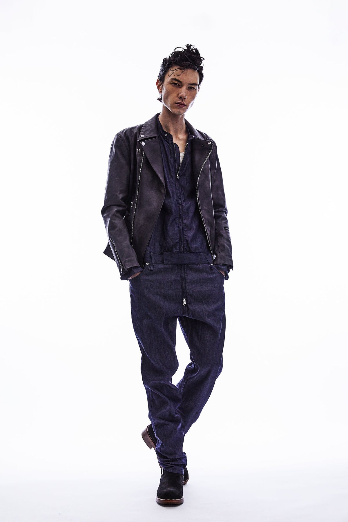 フルタンニン鞣し ジャパンカーフスキン Burning dyed - 燃焼製品染め LIST ダブルライダースジャケット - STEEL BLACK