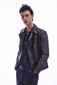 フルタンニン鞣し ジャパンカーフスキン Burning dyed - 燃焼製品染め LIST ダブルライダースジャケット - STEEL BLACK