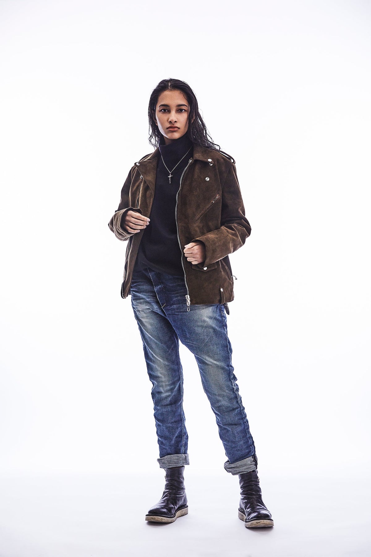 スエード ホースハイド JOEY ダブルライダースジャケット - BROWN KHAKI