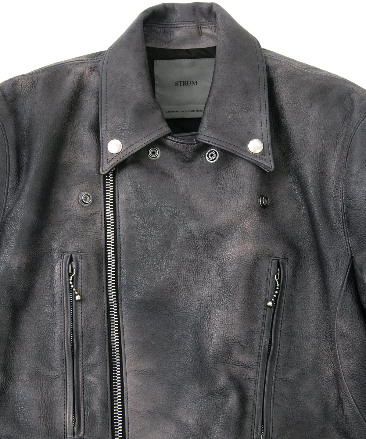 フルタンニン鞣し ジャパンカーフスキン Burning dyed - 燃焼製品染め LIST ダブルライダースジャケット - STEEL BLACK
