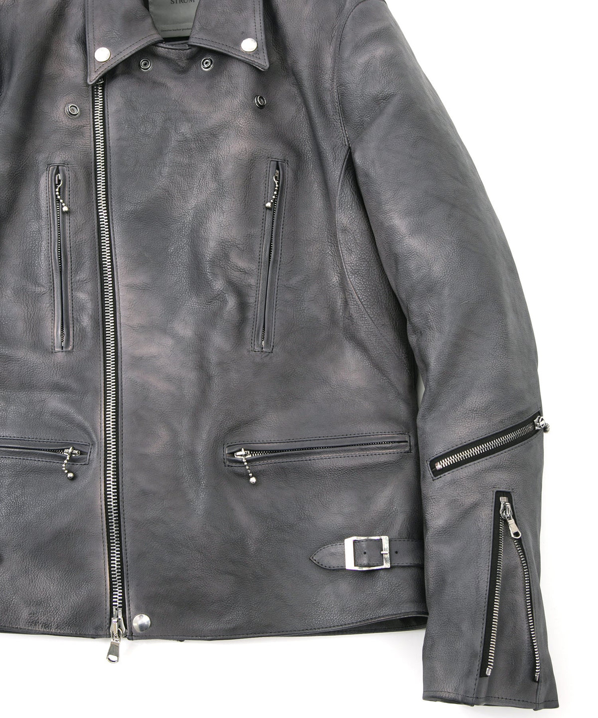 フルタンニン鞣し ジャパンカーフスキン Burning dyed - 燃焼製品染め LIST ダブルライダースジャケット - STEEL BLACK