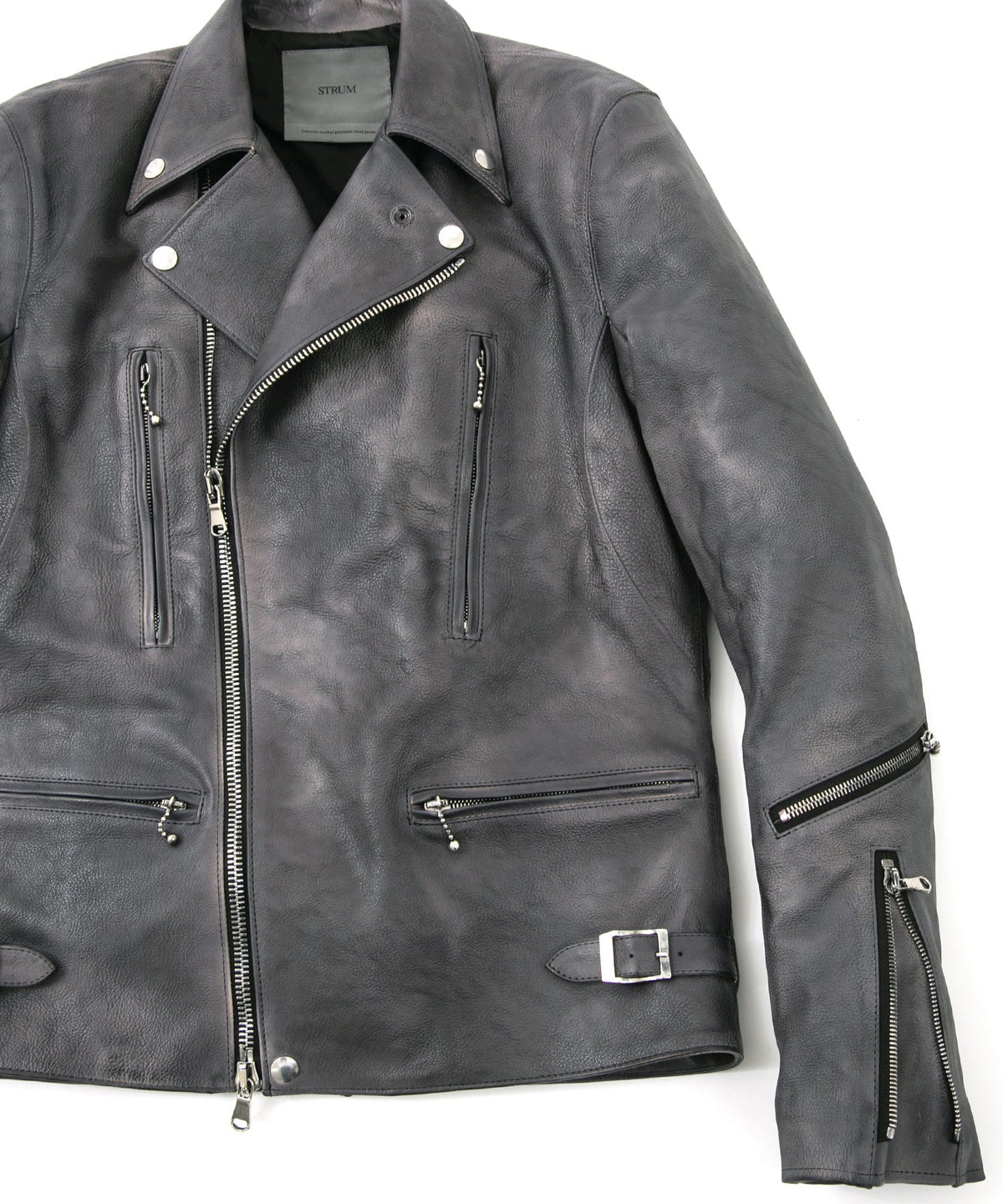 フルタンニン鞣し ジャパンカーフスキン Burning dyed - 燃焼製品染め LIST ダブルライダースジャケット - STEEL BLACK