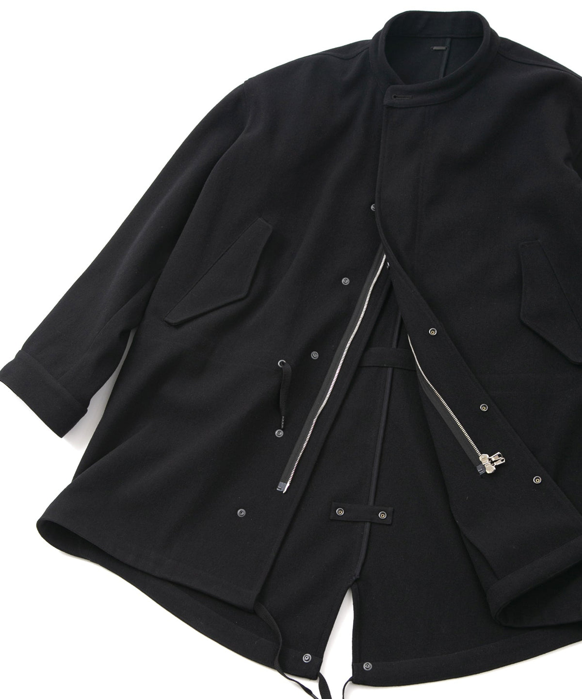 ウールナイロン W クロス ヴィンテージタンブラー フィッシュテールコート - BLACK