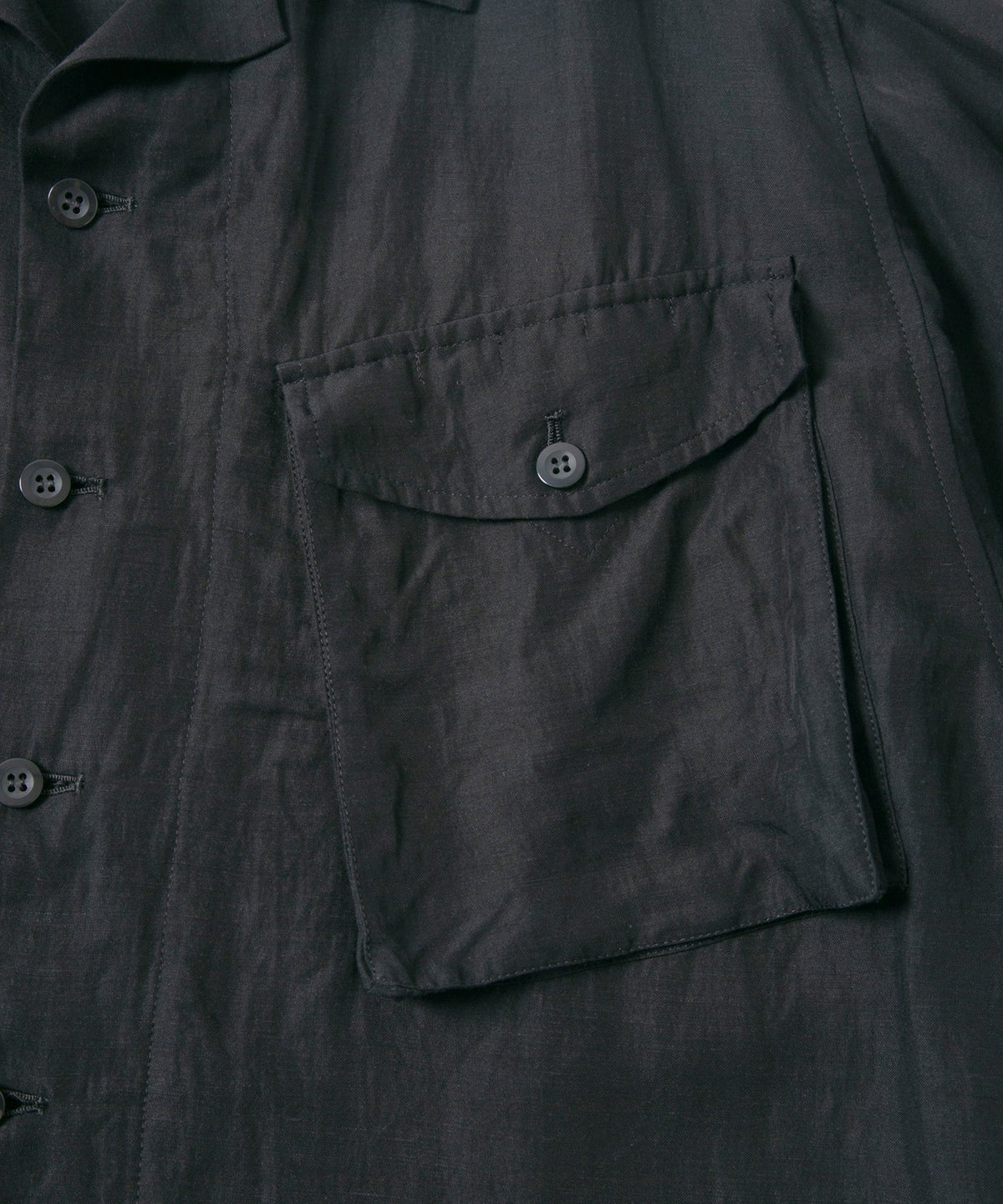 後染めレーヨン リネン ワッシャークロス ミリタリー シャツブルゾン- BLACK