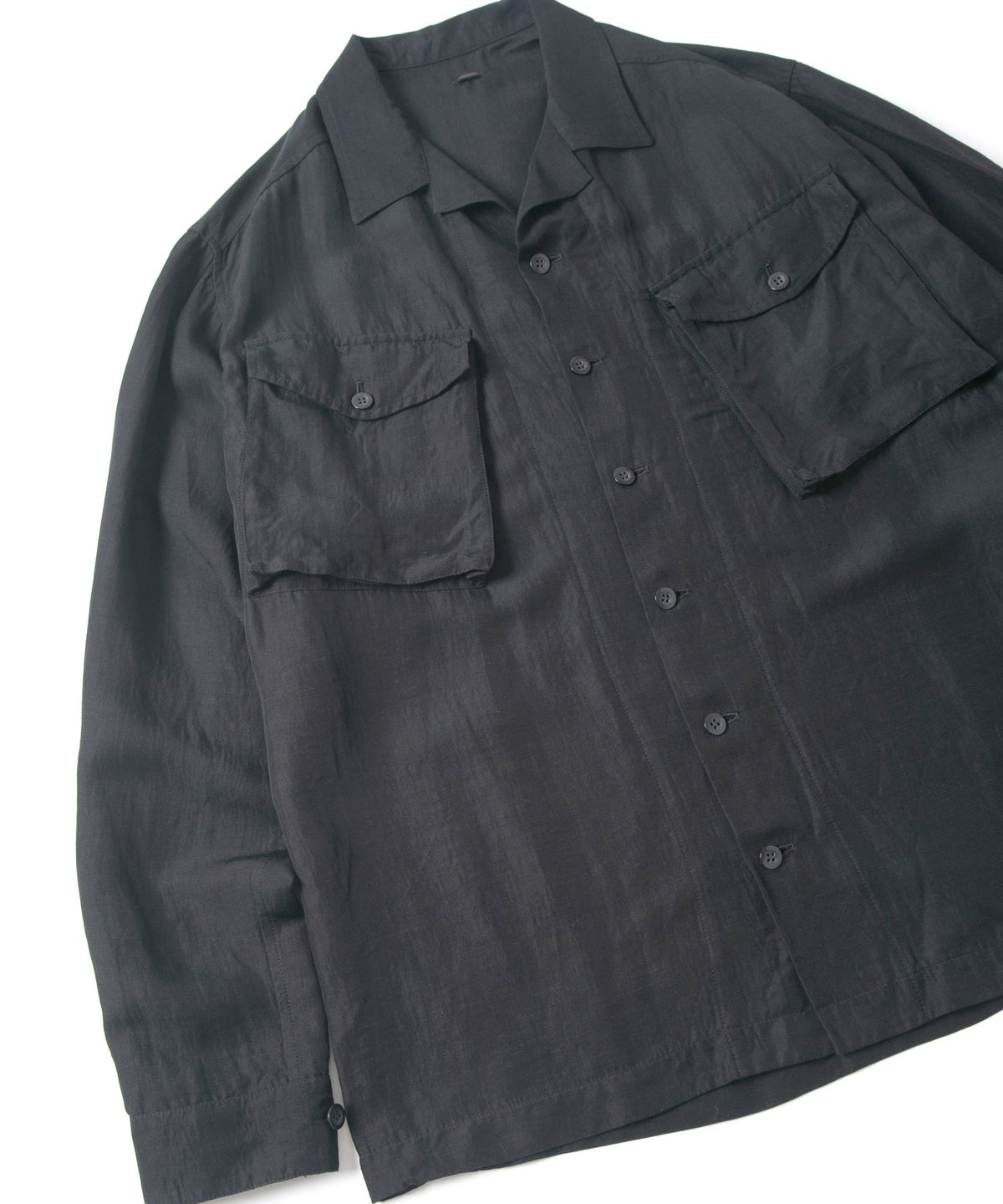 後染めレーヨン リネン ワッシャークロス ミリタリー シャツブルゾン- BLACK