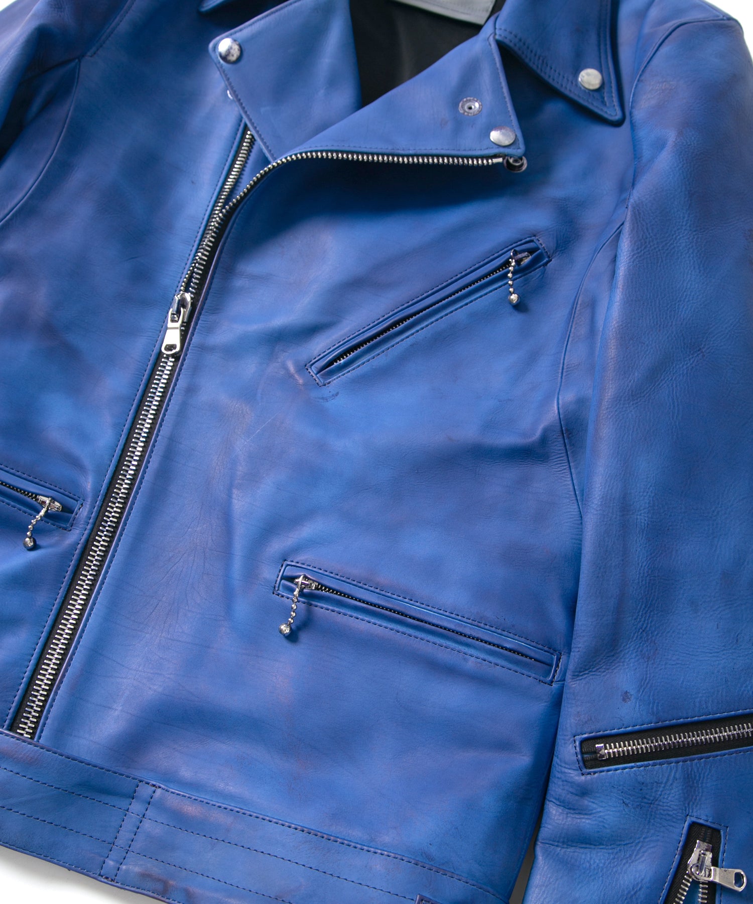 画像をギャラリービューアに読み込む, フルタンニン鞣し ジャパンカーフスキン Burning dyed - 製品燃焼染め SPEEDER ダブルライダースジャケット - ROYAL BLUE
