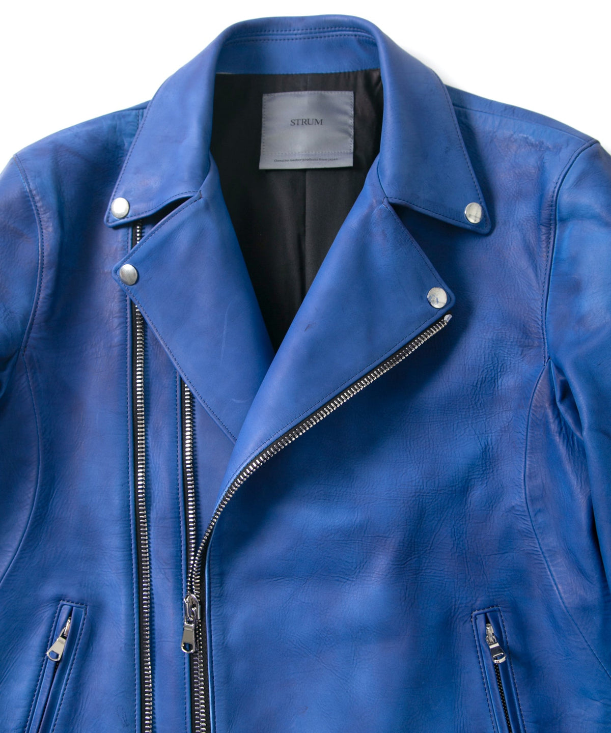 フルタンニン鞣し ジャパンカーフスキン Burning dyed - 燃焼製品染め RAVEN ダブルライダースジャケット - ROYAL BLUE