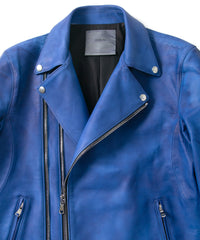 フルタンニン鞣し ジャパンカーフスキン Burning dyed - 燃焼製品染め RAVEN ダブルライダースジャケット - ROYAL BLUE