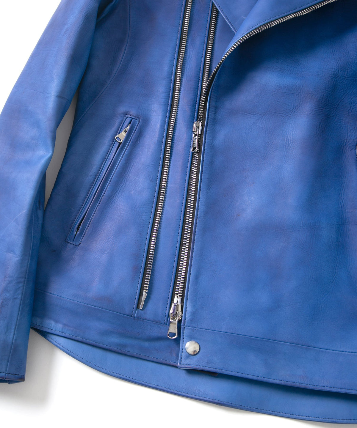 フルタンニン鞣し ジャパンカーフスキン Burning dyed - 燃焼製品染め RAVEN ダブルライダースジャケット - ROYAL BLUE