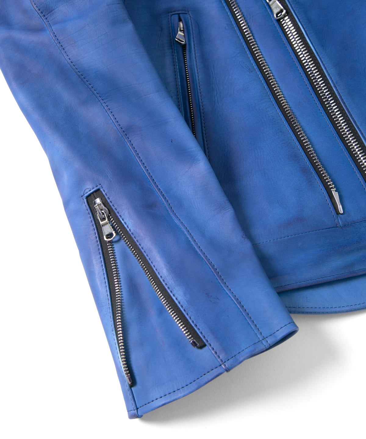 フルタンニン鞣し ジャパンカーフスキン Burning dyed - 燃焼製品染め RAVEN ダブルライダースジャケット - ROYAL BLUE