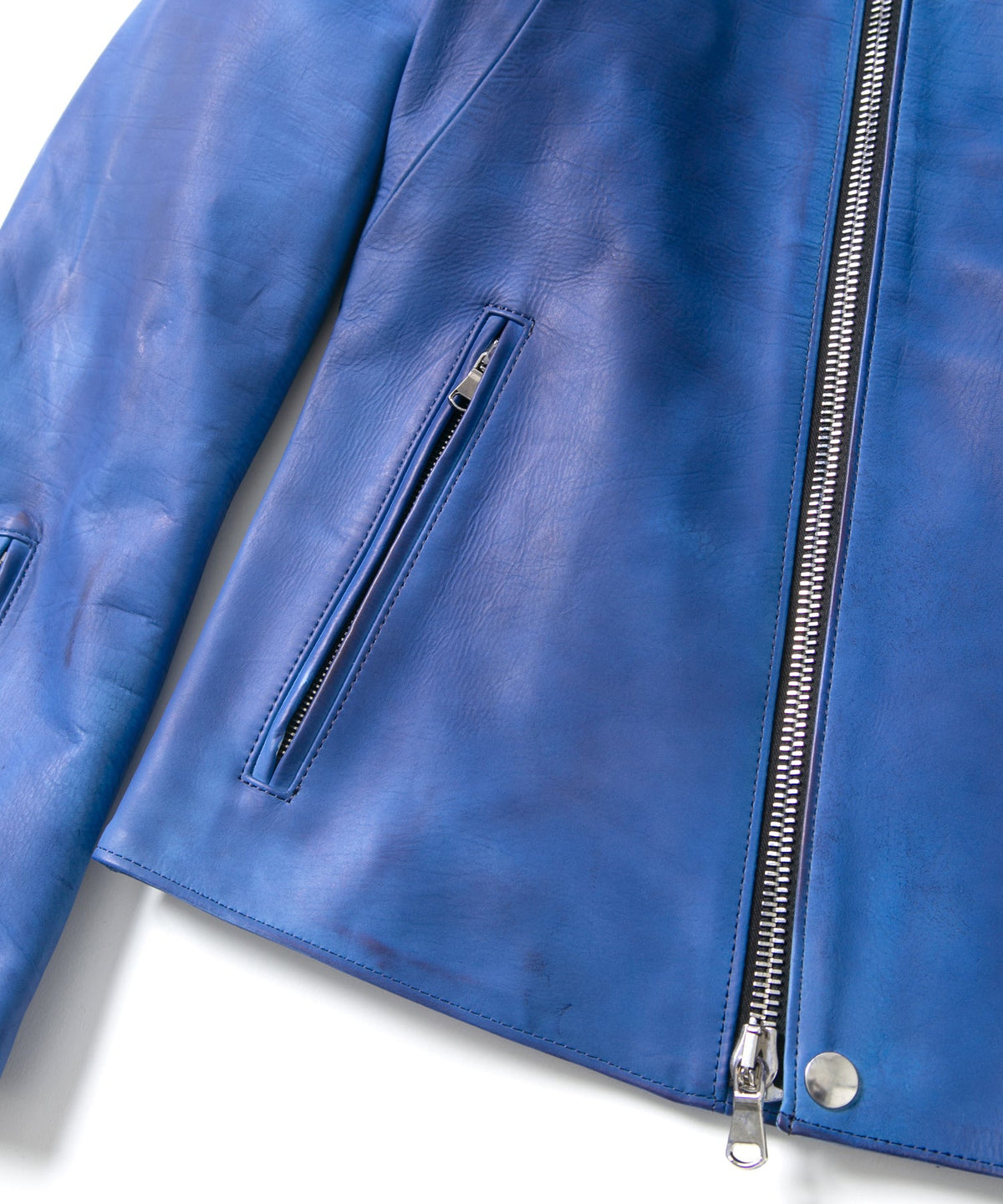 フルタンニン鞣し ジャパンカーフスキン Burning dyed - 燃焼製品染め BIRD MAN ダブルライダースジャケット - ROYAL BLUE