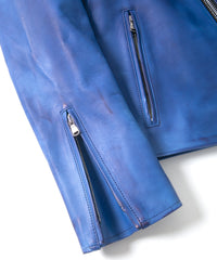 フルタンニン鞣し ジャパンカーフスキン Burning dyed - 燃焼製品染め BIRD MAN ダブルライダースジャケット - ROYAL BLUE
