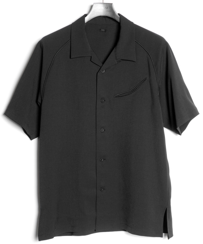 ポリエステル ストレッチ ツイル 半袖 ボーリングシャツ  - BLACK