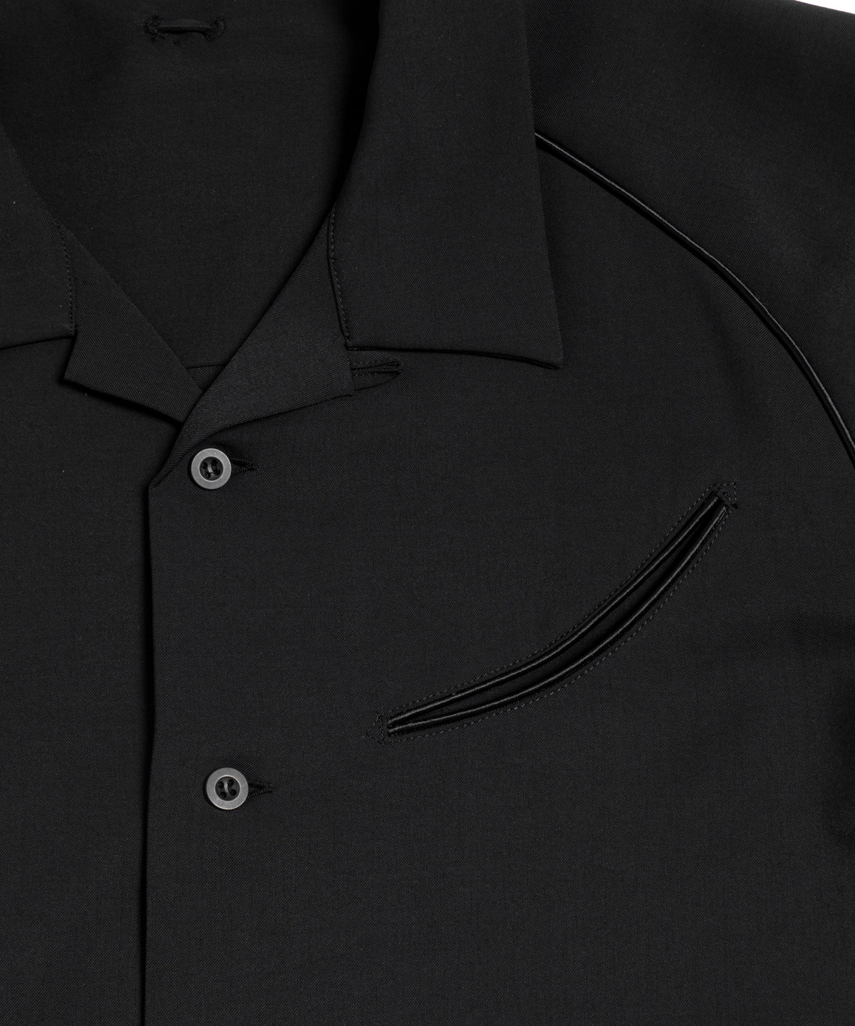 ポリエステル ストレッチ ツイル 半袖 ボーリングシャツ  - BLACK