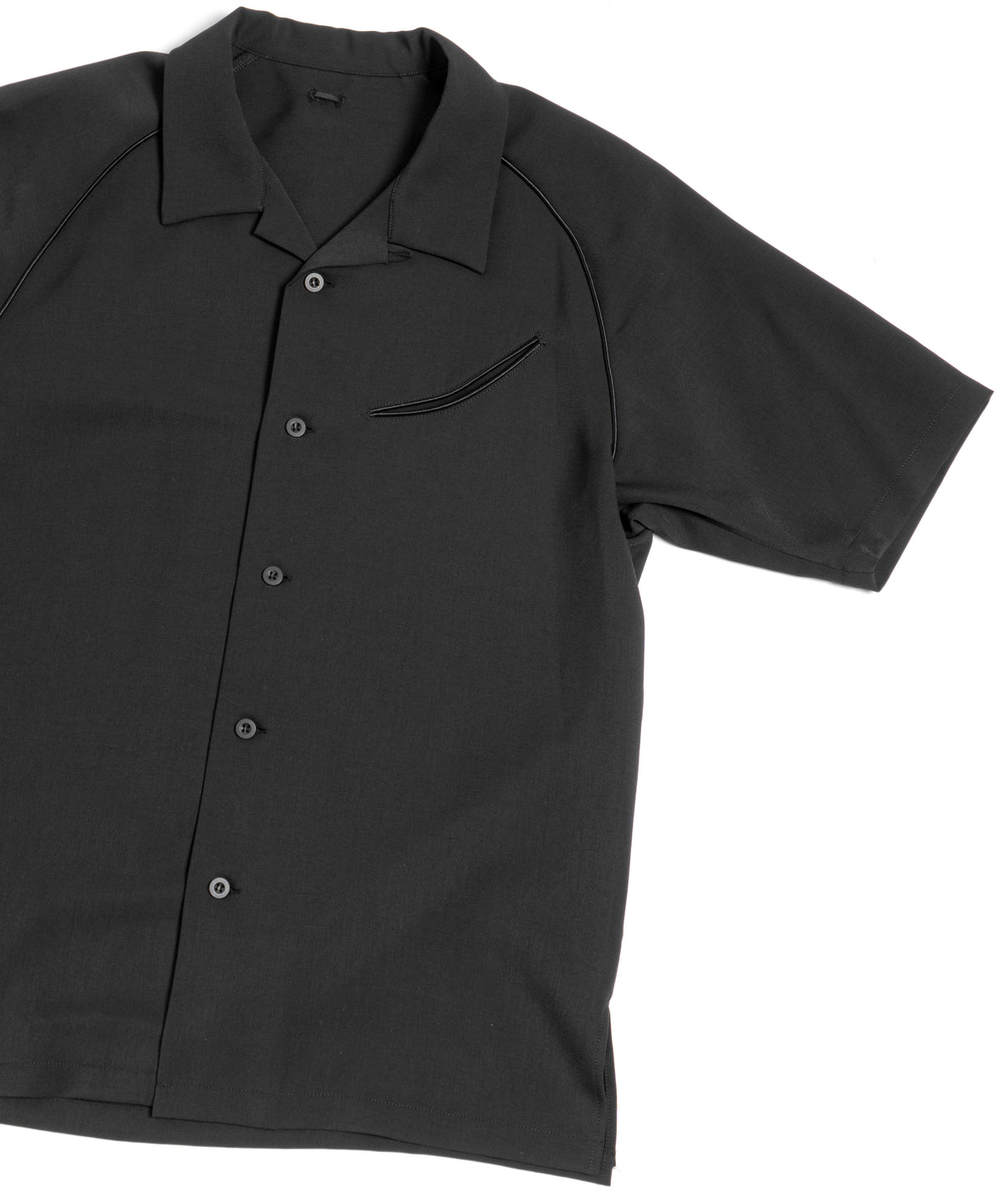 ポリエステル ストレッチ ツイル 半袖 ボーリングシャツ  - BLACK