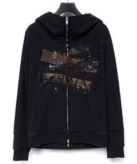 Load image into Gallery viewer, Zip-up Patchwork Hoodie - BLACK