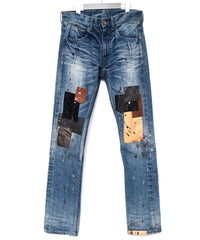 Leather Patchwork Denim Pants - INDIGO