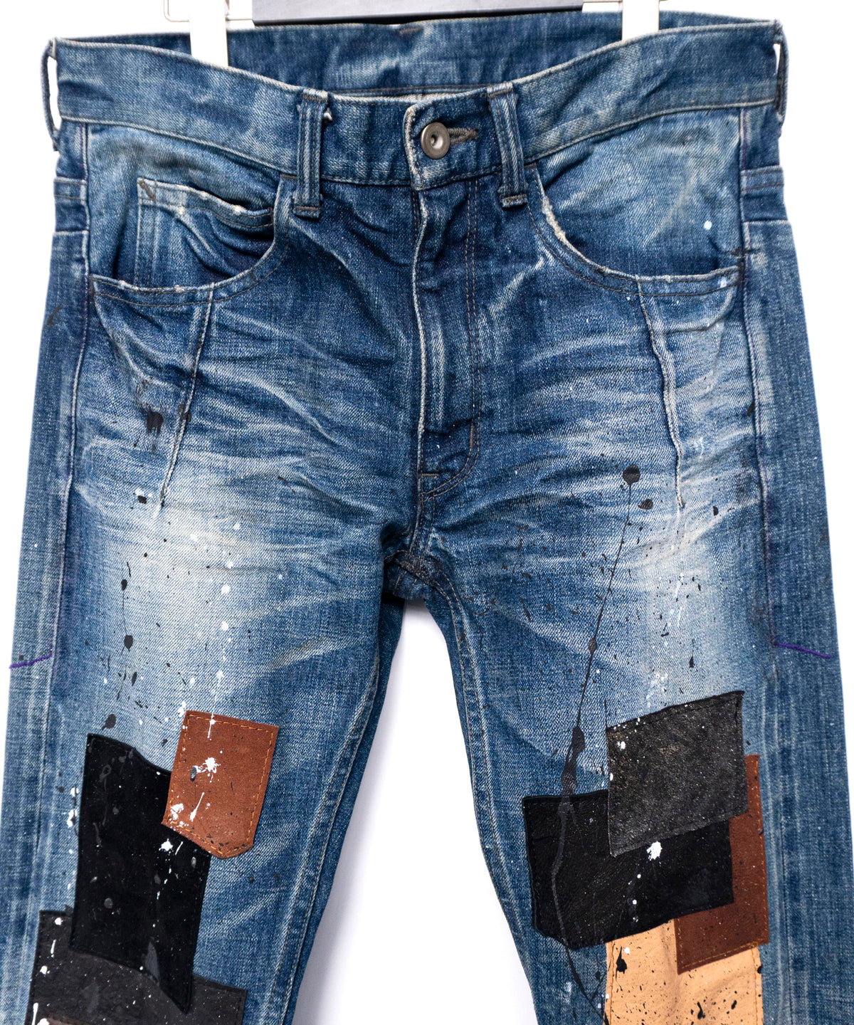 Leather Patchwork Denim Pants - INDIGO