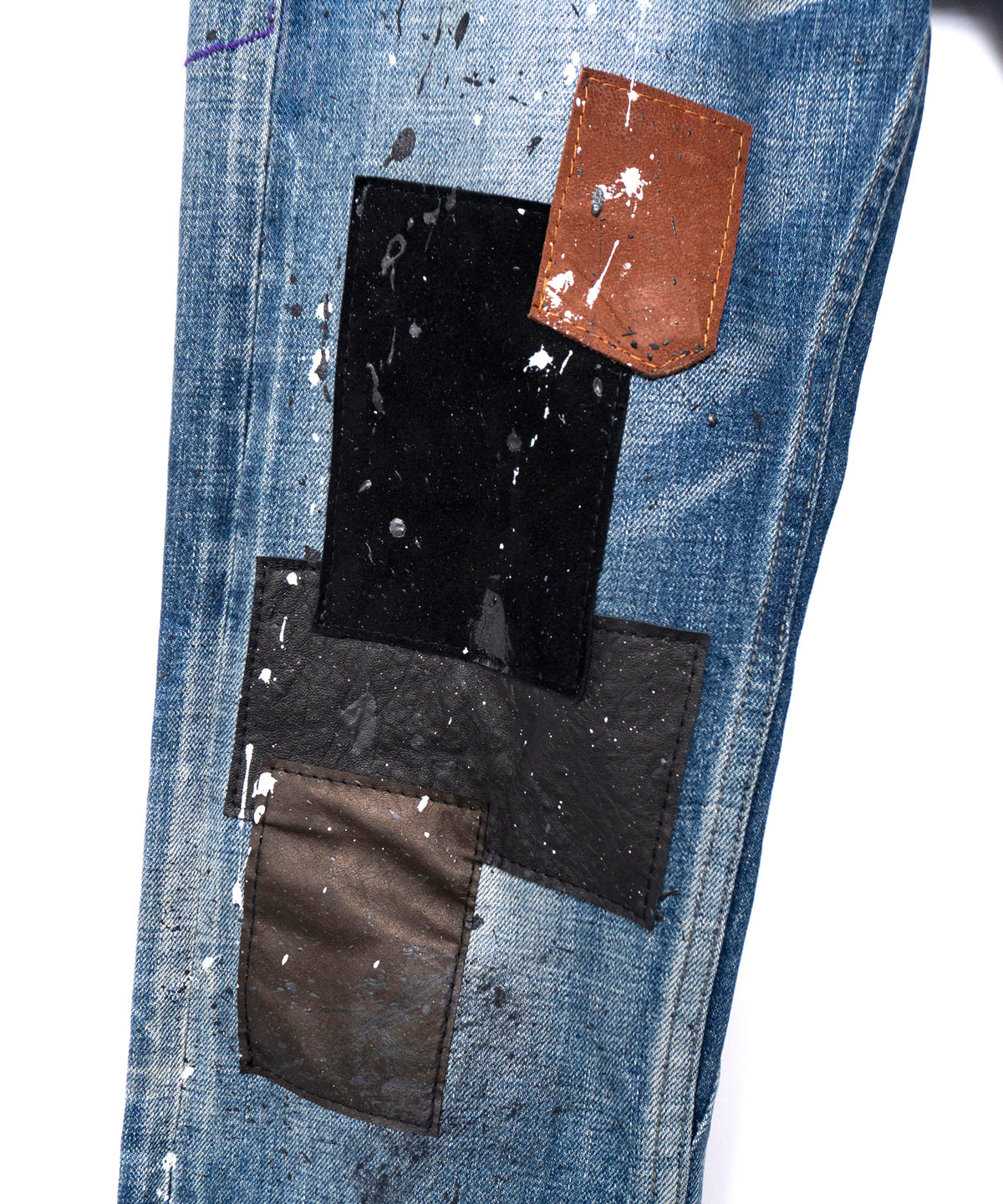 Leather Patchwork Denim Pants - INDIGO