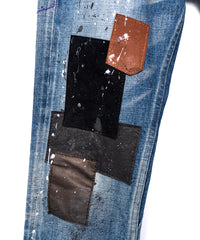 Leather Patchwork Denim Pants - INDIGO