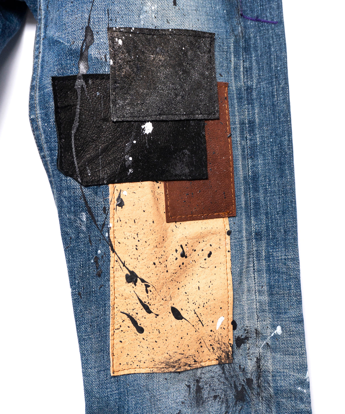 Leather Patchwork Denim Pants - INDIGO